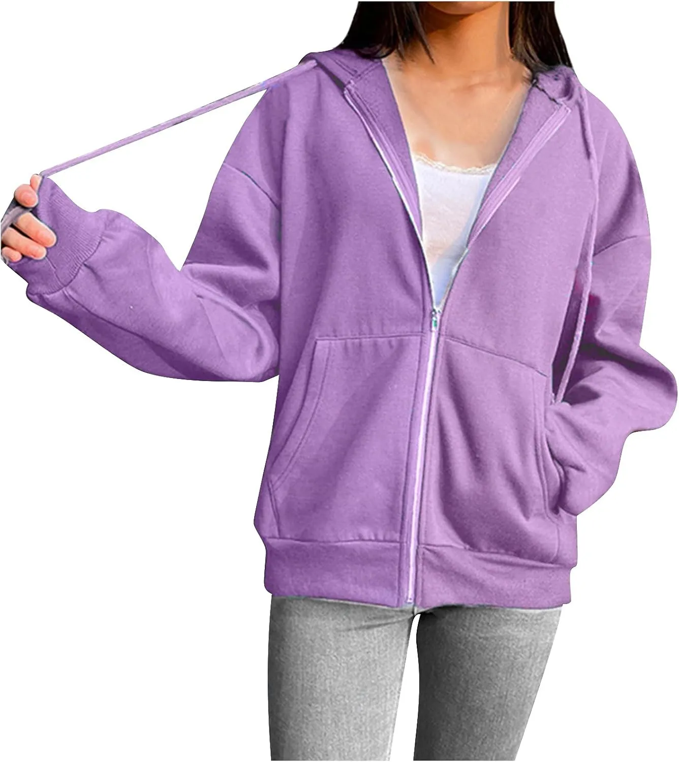 Womens Zip Up Hoodies Oversized Lightweight Hooded Solid Sweatshirt Long Sleeve Jacket Y2K Fall Clothes