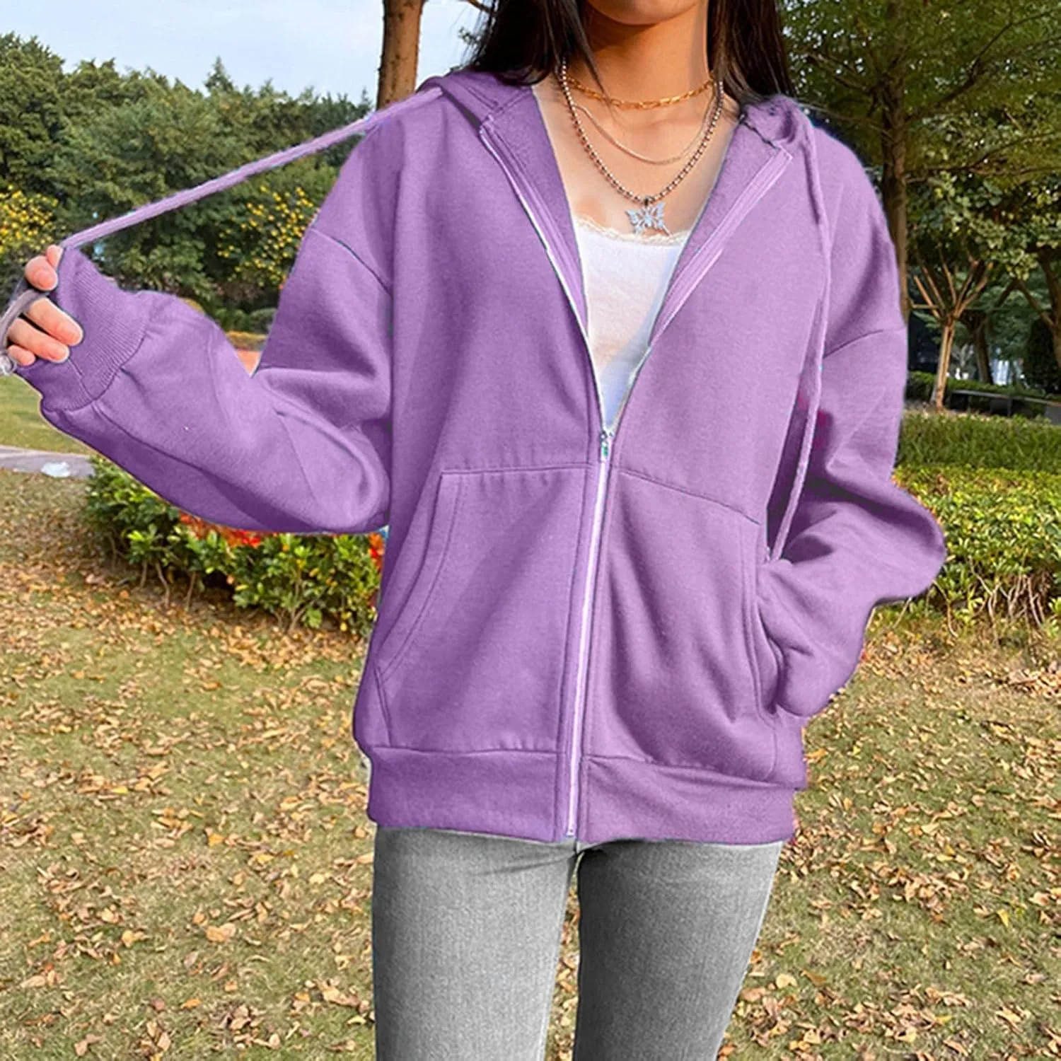 Womens Zip Up Hoodies Oversized Lightweight Hooded Solid Sweatshirt Long Sleeve Jacket Y2K Fall Clothes