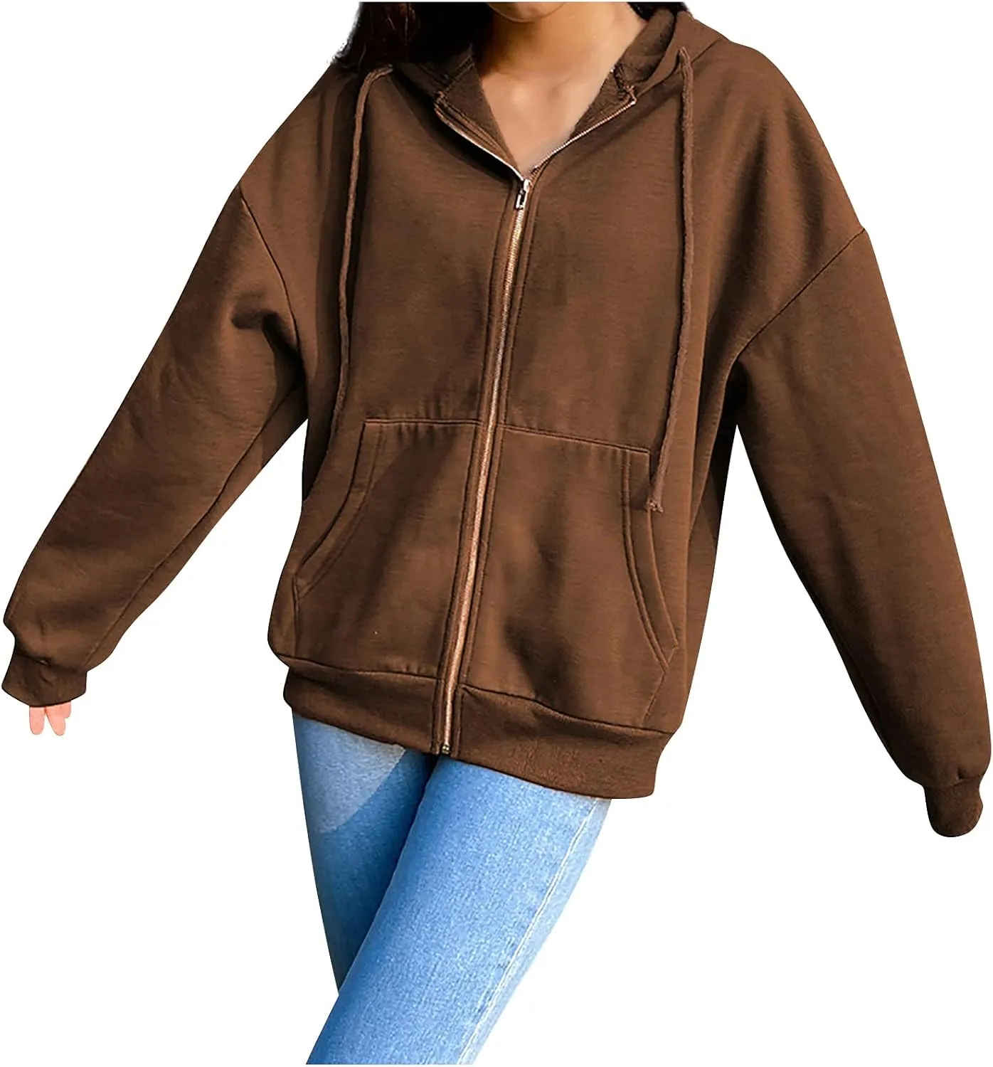 Womens Zip Up Hoodies Oversized Lightweight Hooded Solid Sweatshirt Long Sleeve Jacket Y2K Fall Clothes