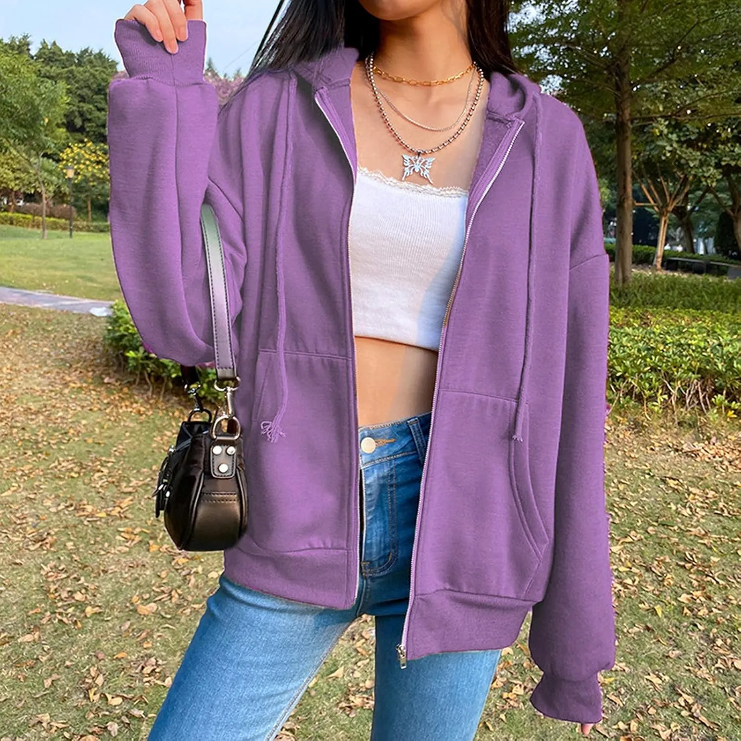Womens Zip Up Hoodies Oversized Lightweight Hooded Solid Sweatshirt Long Sleeve Jacket Y2K Fall Clothes