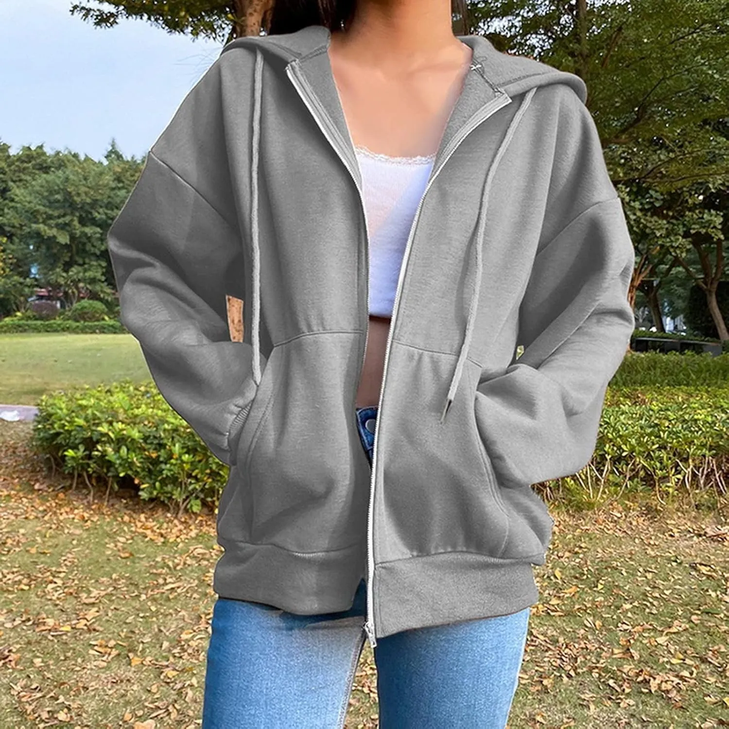 Womens Zip Up Hoodies Oversized Lightweight Hooded Solid Sweatshirt Long Sleeve Jacket Y2K Fall Clothes