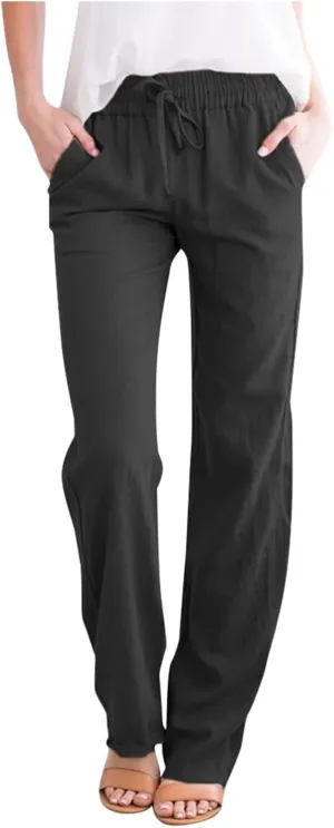 Women'sLinen Palazzo Pants and Straight Solid Elastic Pants Long Drawstring Women Waist Flowy Wide Leg Palazzo