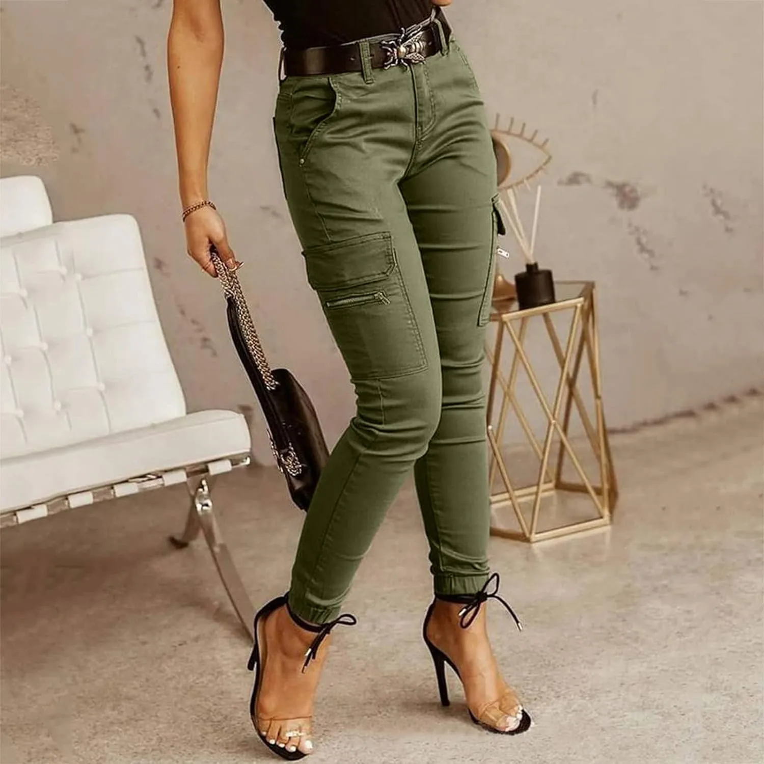 Work Pants Women Cargo Pants Belt Casual Zipper Pocket Without Design Color Yoga Pants Piink Leggings for Women Plus