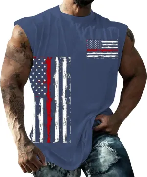 Workout Tank Tops Men American Flag Print Patriotic Crew Neck Sleeveless Shirts Summer Athletic Loose Fit Undershirt