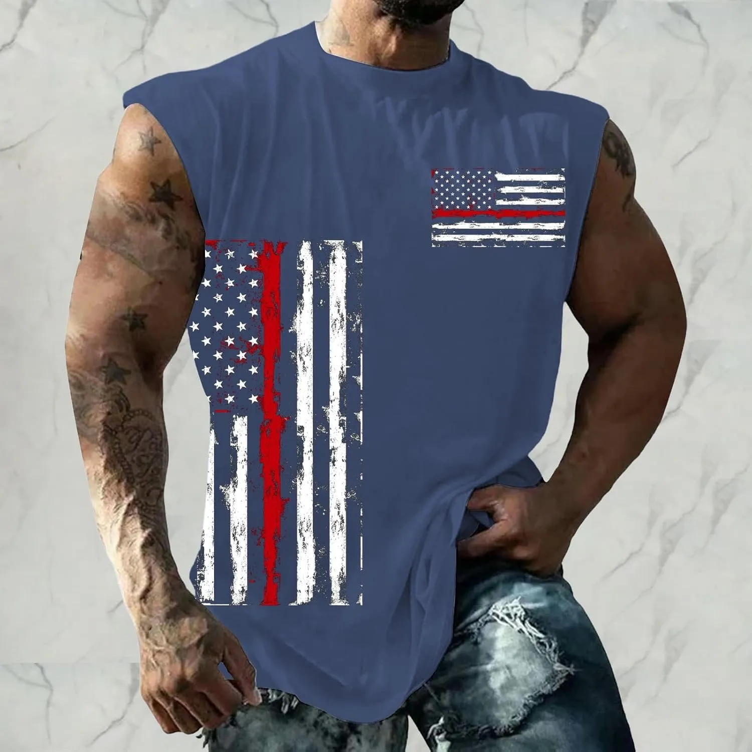 Workout Tank Tops Men American Flag Print Patriotic Crew Neck Sleeveless Shirts Summer Athletic Loose Fit Undershirt
