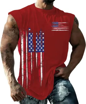 Workout Tank Tops Men American Flag Print Patriotic Crew Neck Sleeveless Shirts Summer Athletic Loose Fit Undershirt