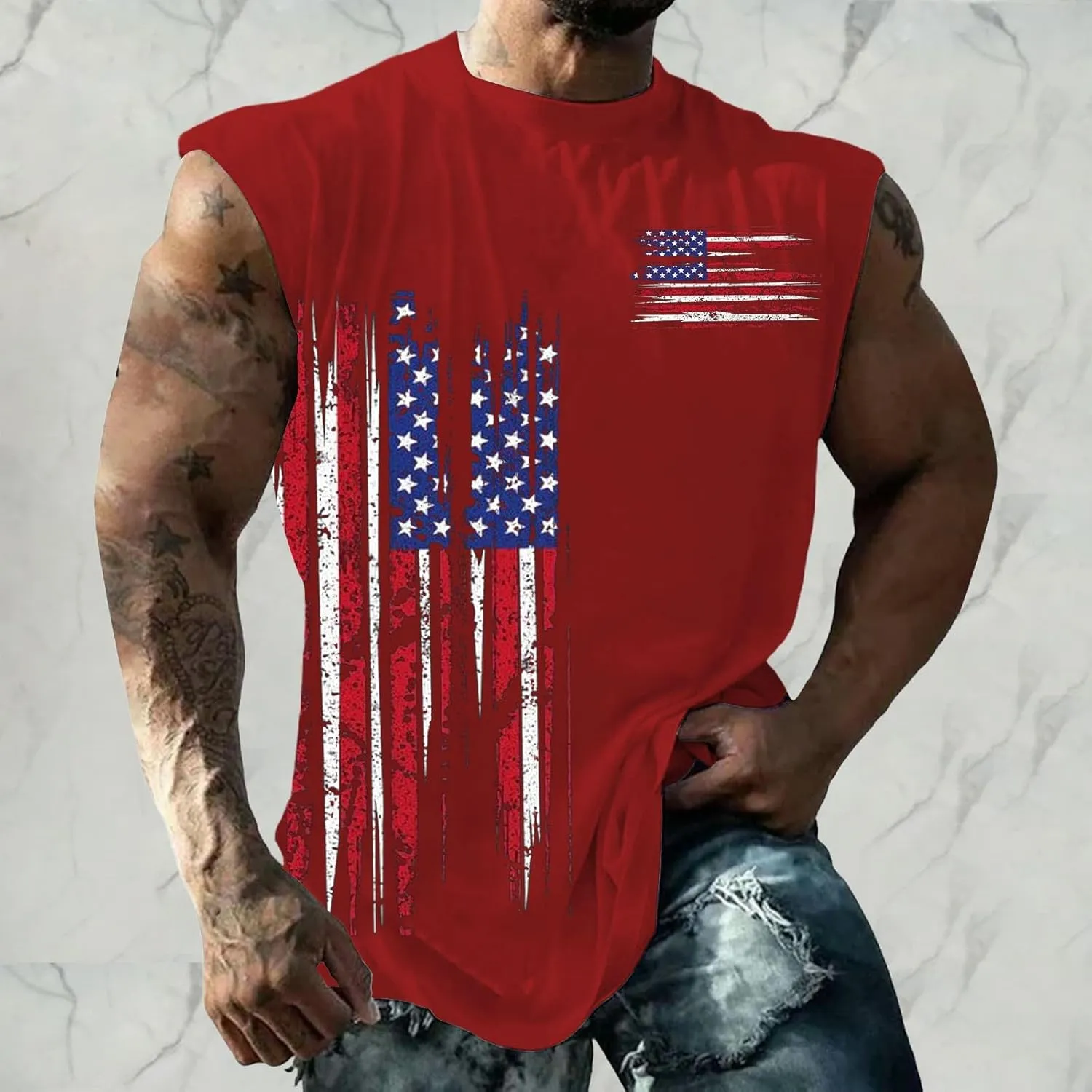 Workout Tank Tops Men American Flag Print Patriotic Crew Neck Sleeveless Shirts Summer Athletic Loose Fit Undershirt