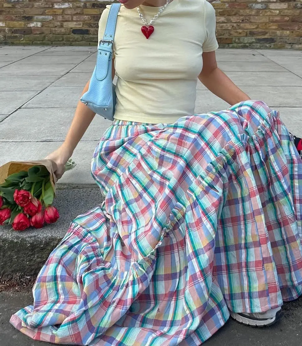 Y2k Plaid Tiered Maxi Skirt for Women Vintage Gingham A Line Long Skirt Summer Ruffle Flowy Swing Midi Skirt