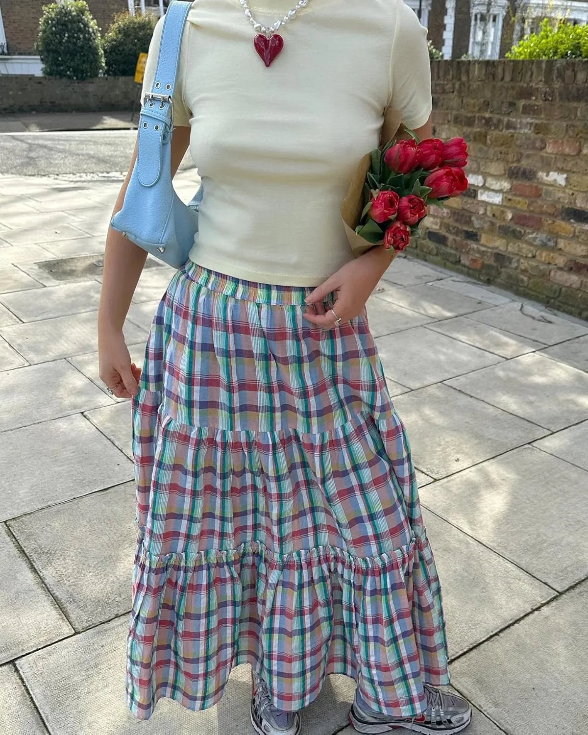 Y2k Plaid Tiered Maxi Skirt for Women Vintage Gingham A Line Long Skirt Summer Ruffle Flowy Swing Midi Skirt