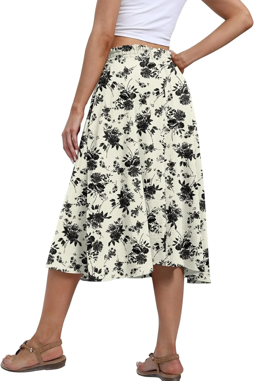 Yincro Women's Summer High Waisted Midi Skirt Elastic Waistband A-Line Skirt with Pockets
