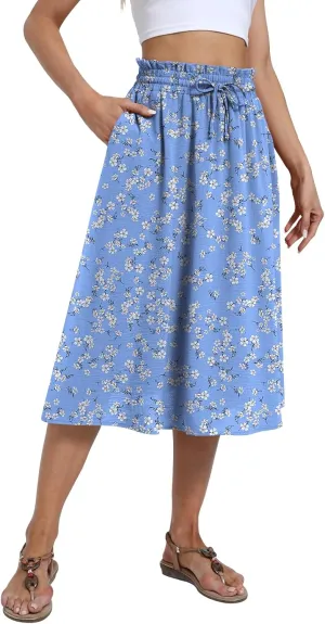 Yincro Women's Summer High Waisted Midi Skirt Elastic Waistband A-Line Skirt with Pockets