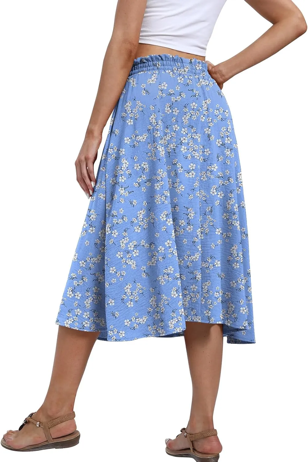 Yincro Women's Summer High Waisted Midi Skirt Elastic Waistband A-Line Skirt with Pockets