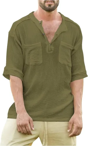 Ymosrh Men's Shirts Summer Loose Casual Cotton Linen Short Sleeve Top Solid Color Short T-Shirt Shirts