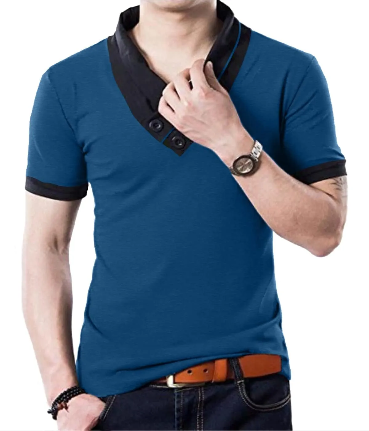 YTD Mens Cotton Casual V-Neck Button Slim Muscle Tops Tee Short Sleeve T-Shirts