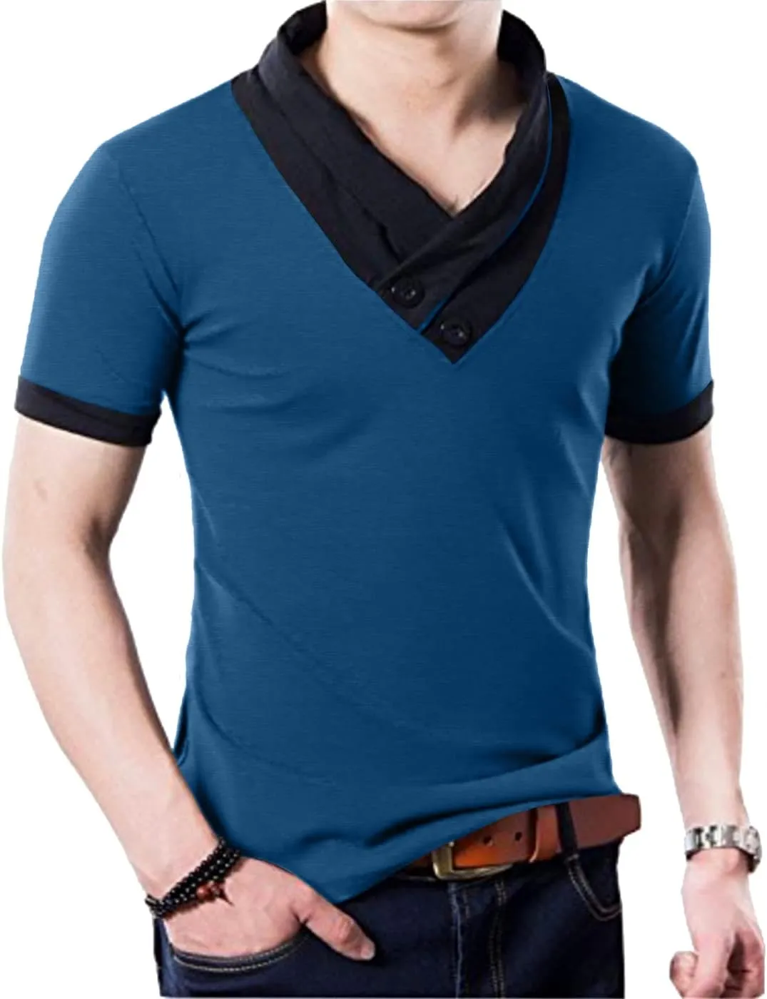 YTD Mens Cotton Casual V-Neck Button Slim Muscle Tops Tee Short Sleeve T-Shirts