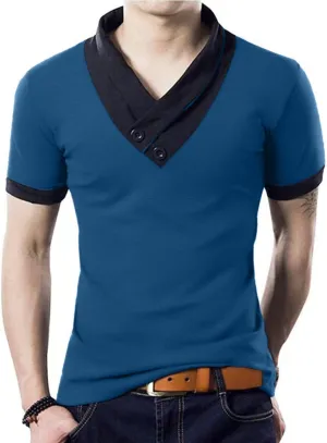 YTD Mens Cotton Casual V-Neck Button Slim Muscle Tops Tee Short Sleeve T-Shirts