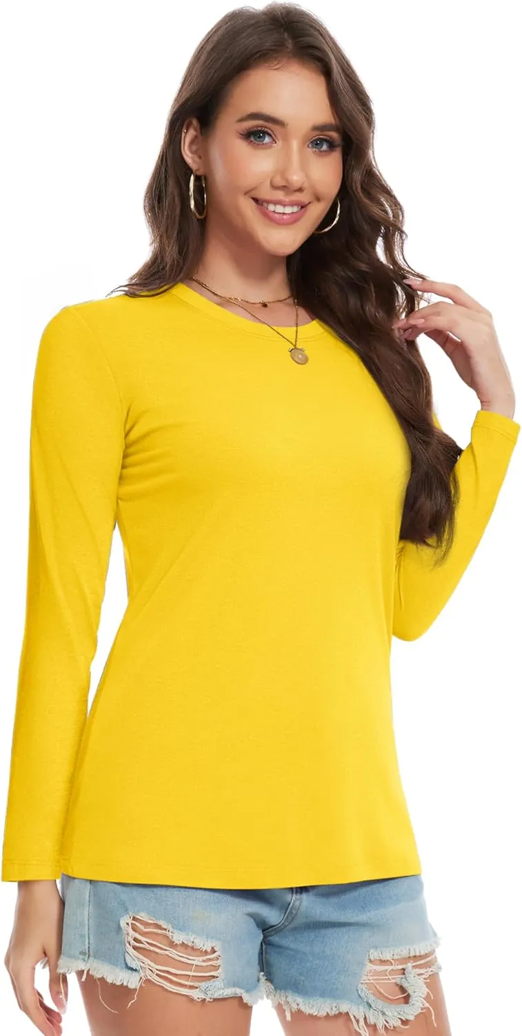 YUCOLEN Women's Cotton Long Sleeve Shirts Crew Neck T-Shirts Soft Casual Breathable Tees Basic Tops