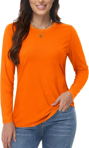 YUCOLEN Women's Cotton Long Sleeve Shirts Crew Neck T-Shirts Soft Casual Breathable Tees Basic Tops