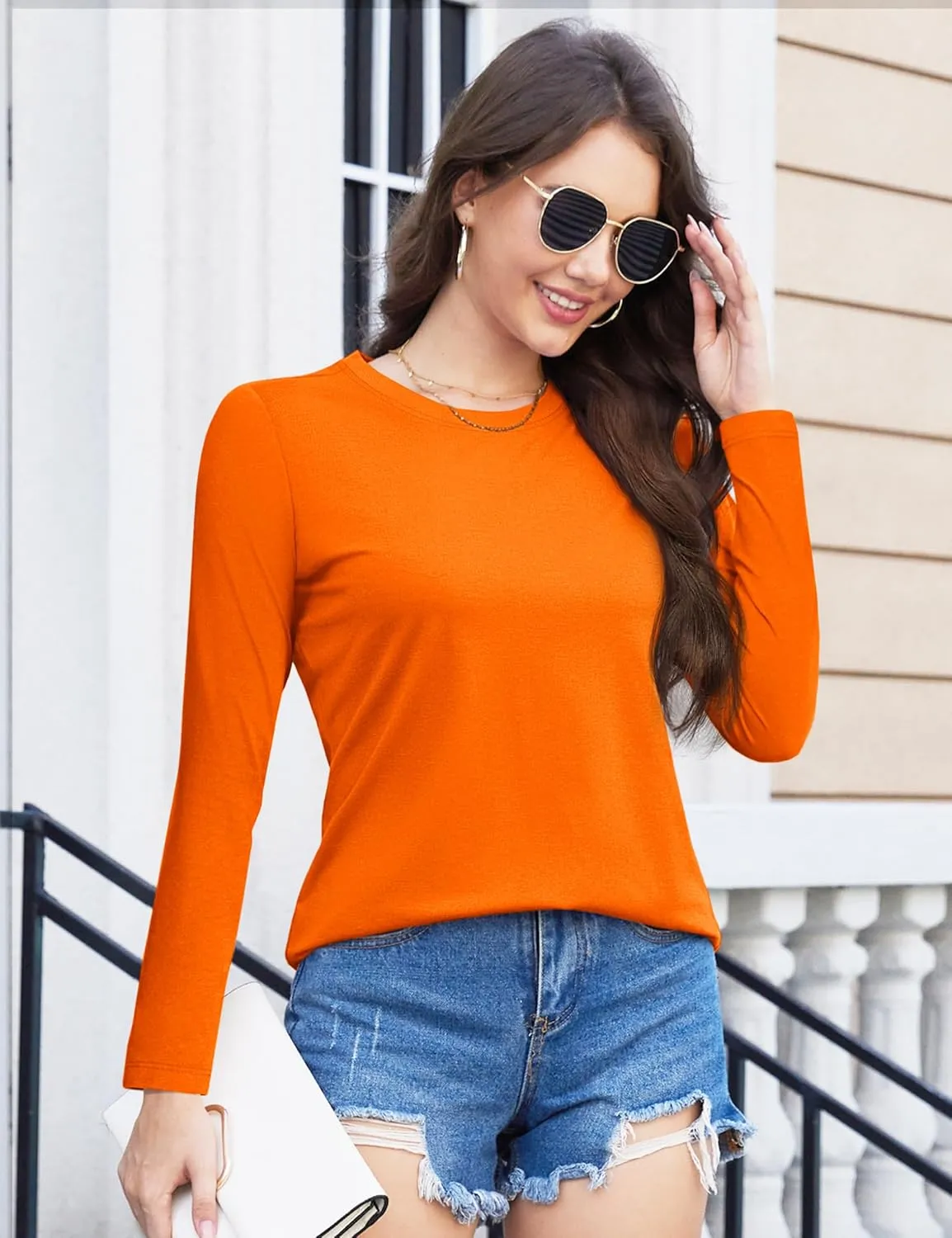 YUCOLEN Women's Cotton Long Sleeve Shirts Crew Neck T-Shirts Soft Casual Breathable Tees Basic Tops