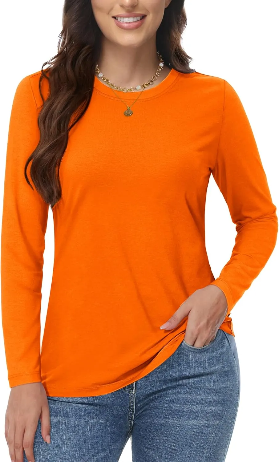 YUCOLEN Women's Cotton Long Sleeve Shirts Crew Neck T-Shirts Soft Casual Breathable Tees Basic Tops
