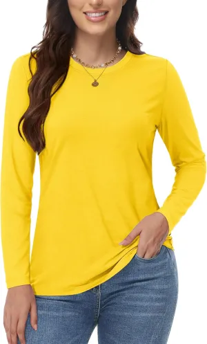 YUCOLEN Women's Cotton Long Sleeve Shirts Crew Neck T-Shirts Soft Casual Breathable Tees Basic Tops