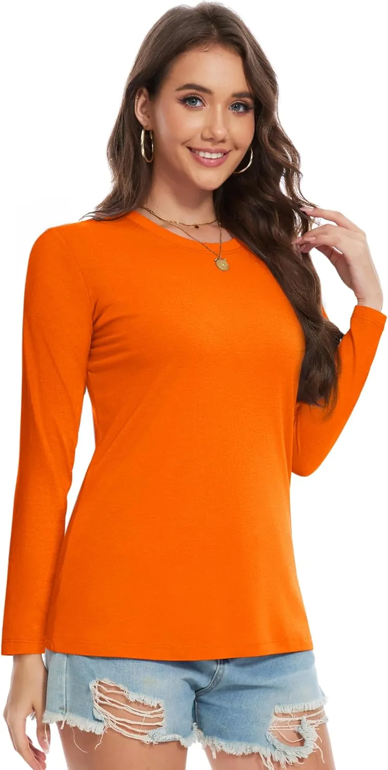 YUCOLEN Women's Cotton Long Sleeve Shirts Crew Neck T-Shirts Soft Casual Breathable Tees Basic Tops