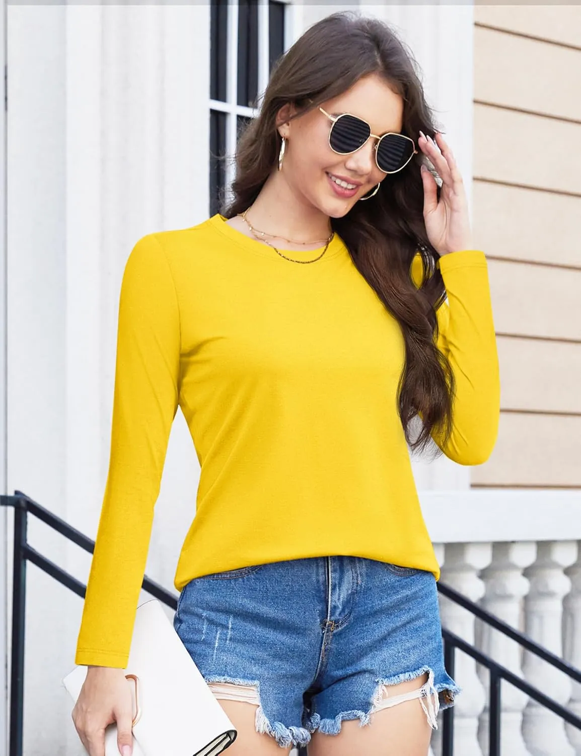 YUCOLEN Women's Cotton Long Sleeve Shirts Crew Neck T-Shirts Soft Casual Breathable Tees Basic Tops
