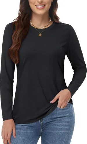 YUCOLEN Women's Cotton Long Sleeve Shirts Crew Neck T-Shirts Soft Casual Breathable Tees Basic Tops