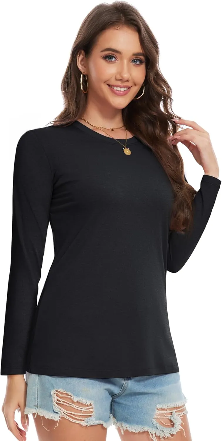 YUCOLEN Women's Cotton Long Sleeve Shirts Crew Neck T-Shirts Soft Casual Breathable Tees Basic Tops
