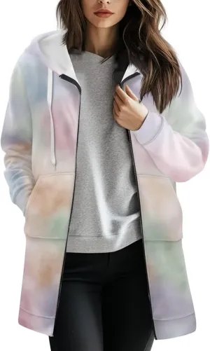 Zip Up Hoodies for Women Trendy Tie Dye Hooded Sweatshirts Oversized Long Sleeve Pullover Drawstring Jackets
