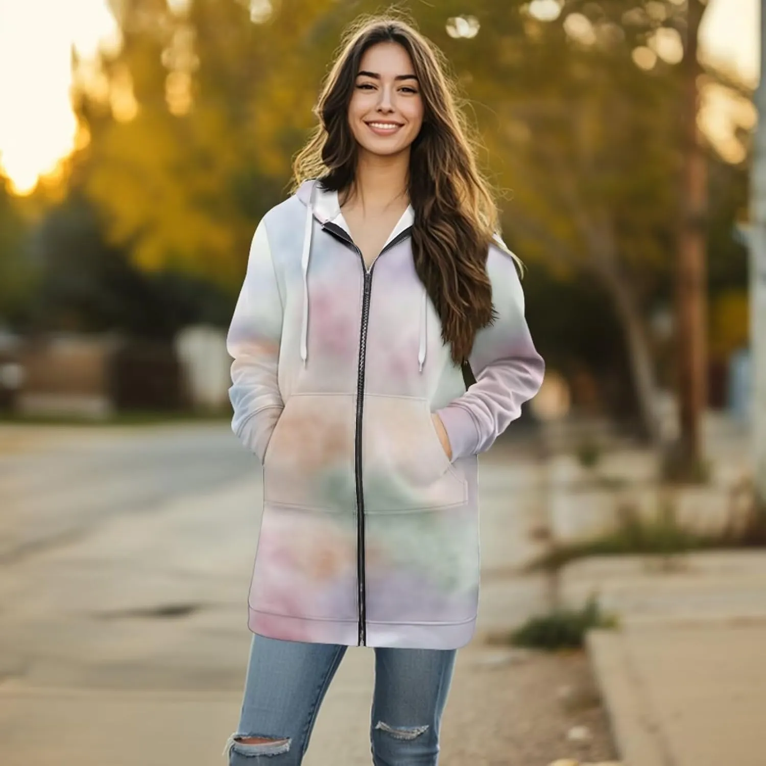 Zip Up Hoodies for Women Trendy Tie Dye Hooded Sweatshirts Oversized Long Sleeve Pullover Drawstring Jackets