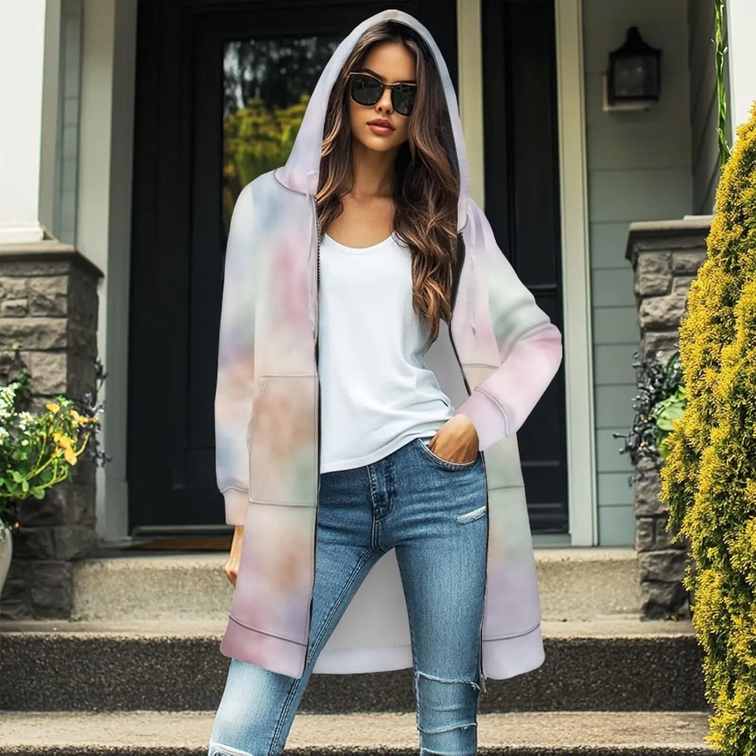 Zip Up Hoodies for Women Trendy Tie Dye Hooded Sweatshirts Oversized Long Sleeve Pullover Drawstring Jackets