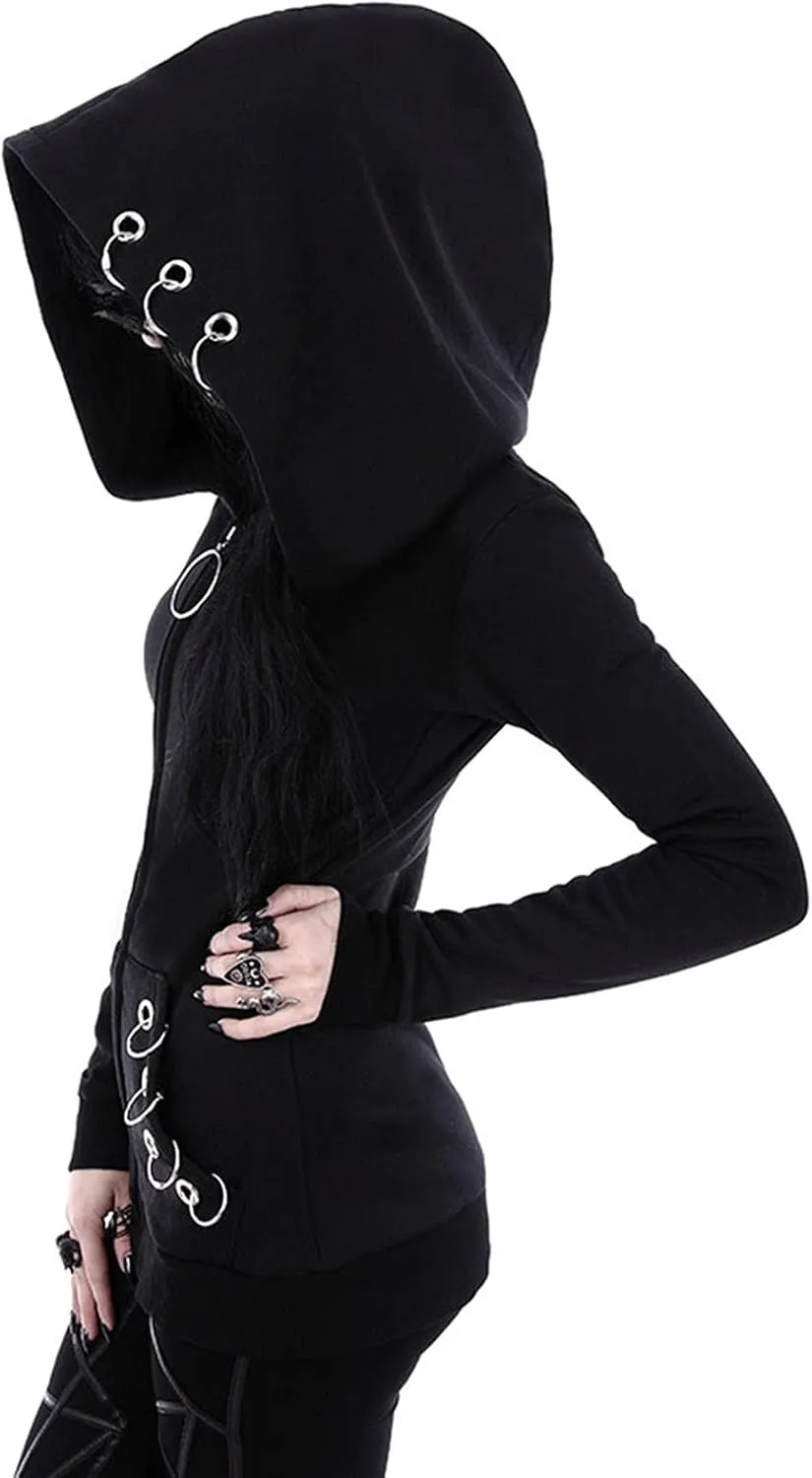 Zip Up Hoodies Women Punk Gothic Hoodie Sweatshirt Long Sleeve Hooded Jacket Top Long Sweatshirt