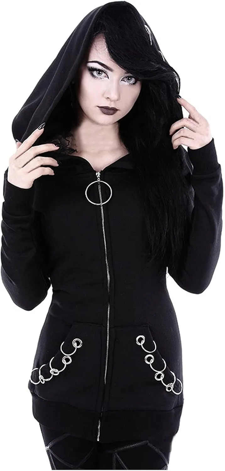 Zip Up Hoodies Women Punk Gothic Hoodie Sweatshirt Long Sleeve Hooded Jacket Top Long Sweatshirt