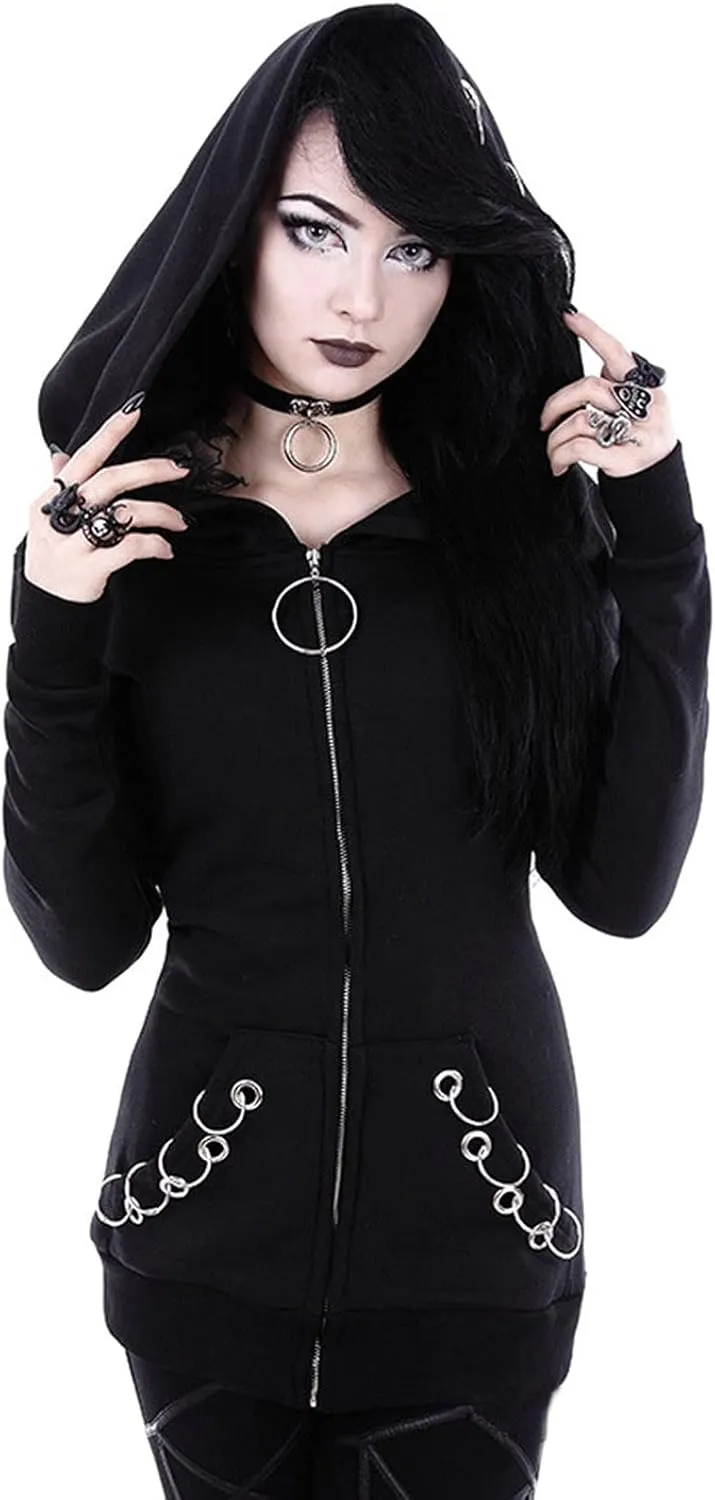 Zip Up Hoodies Women Punk Gothic Hoodie Sweatshirt Long Sleeve Hooded Jacket Top Long Sweatshirt