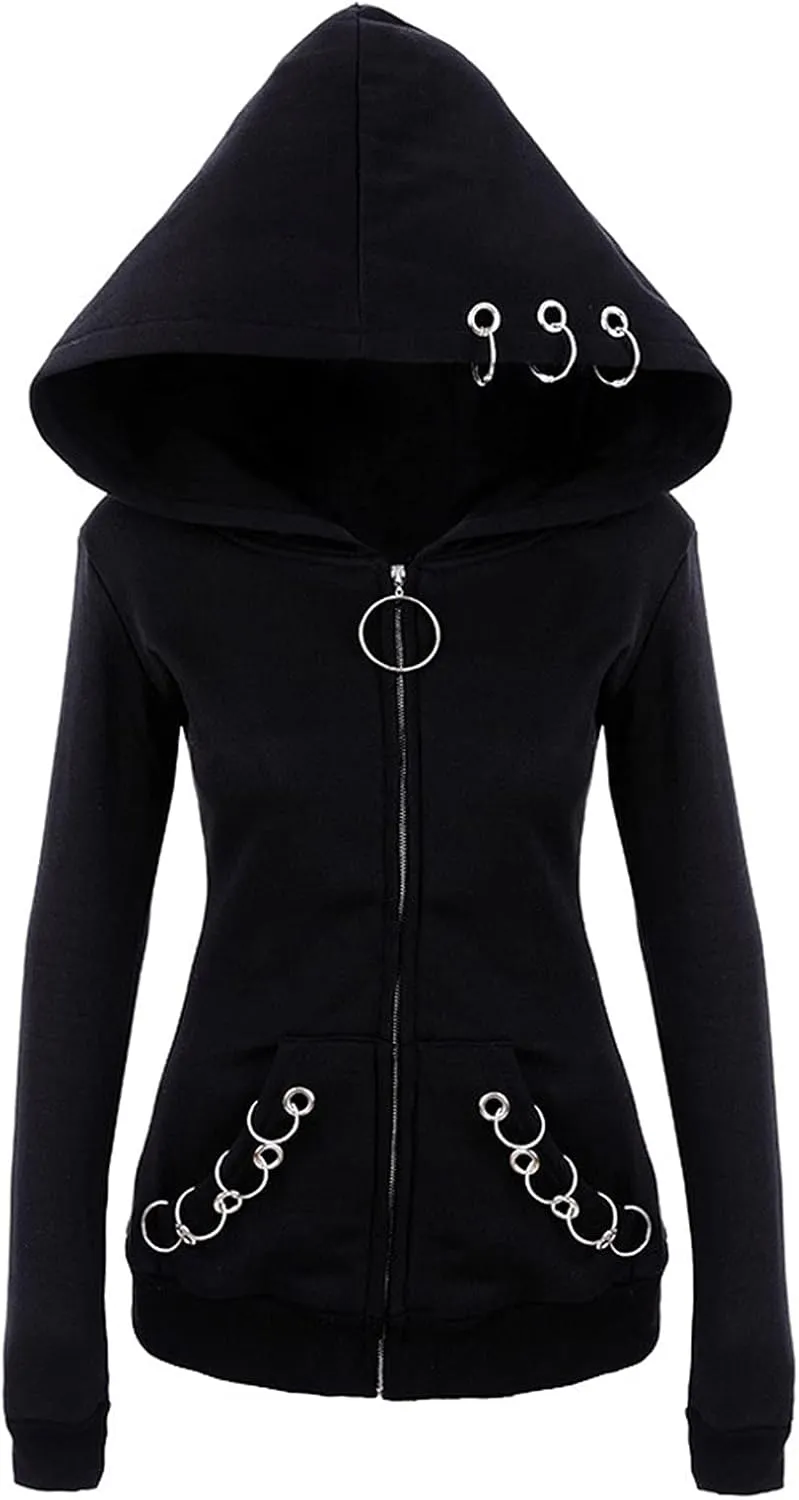 Zip Up Hoodies Women Punk Gothic Hoodie Sweatshirt Long Sleeve Hooded Jacket Top Long Sweatshirt