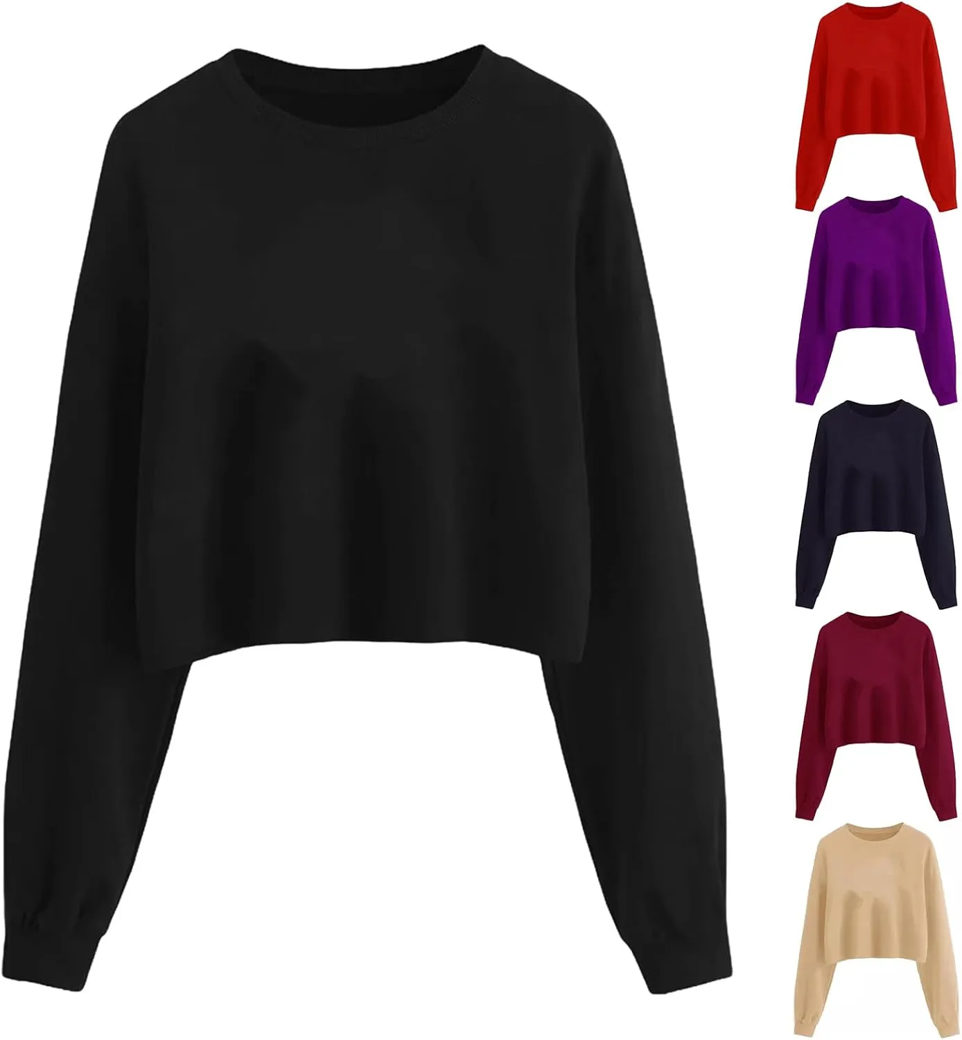 ZWRXW Women's Cropped Sweatshirt Crew Neck Long Sleeve Fleece Pullover Casual Loose Fit Solid Blouses Fall Fashion Tops